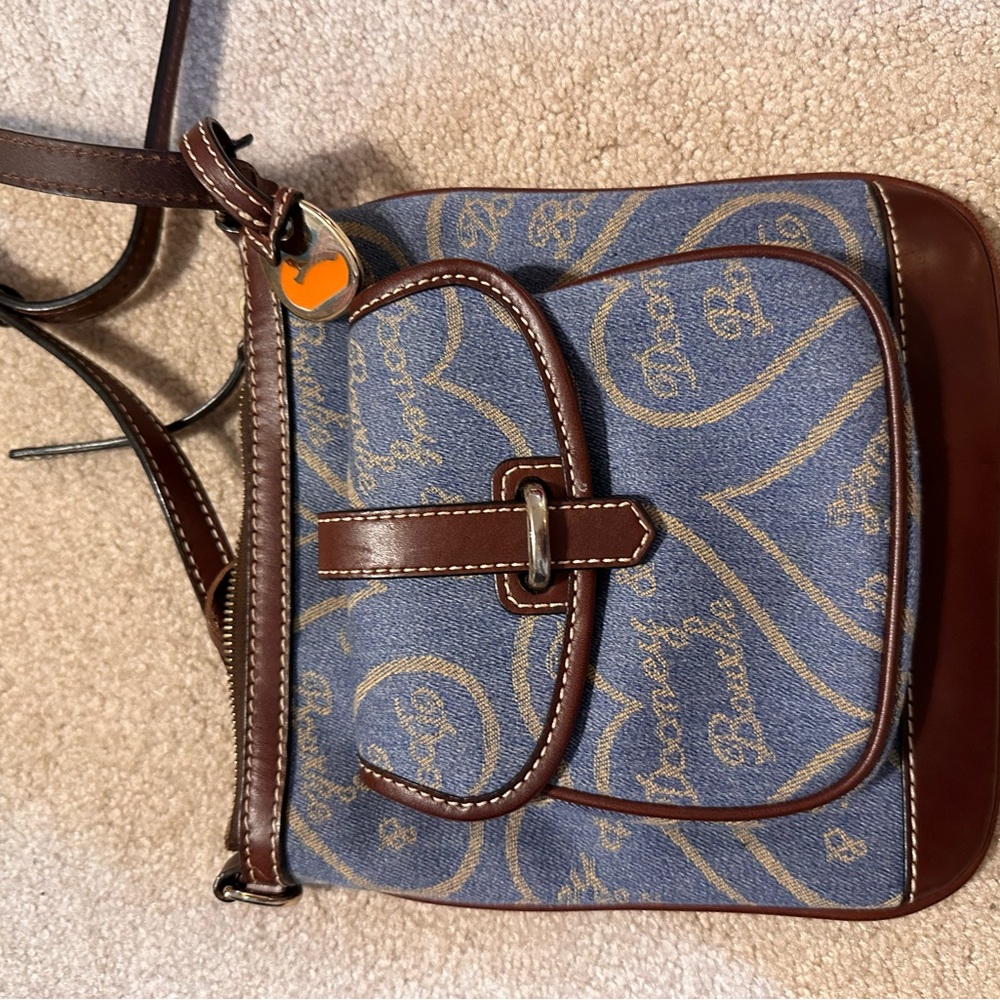 Denim Blue and Brown Leather Crossbody Bag with Paisley Pattern
